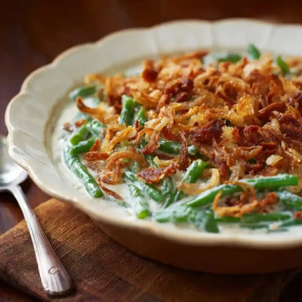 Green bean casserole with crispy onions served in a shallow beige bowl.