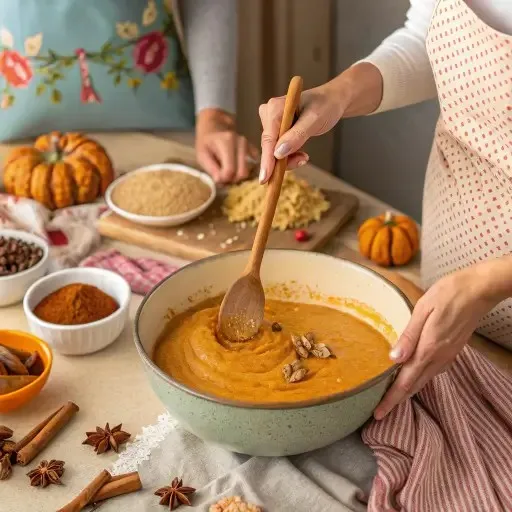 Woman mixing creamy pumpkin pie batter in a large bowl surrounded by autumn spices and ingredients.