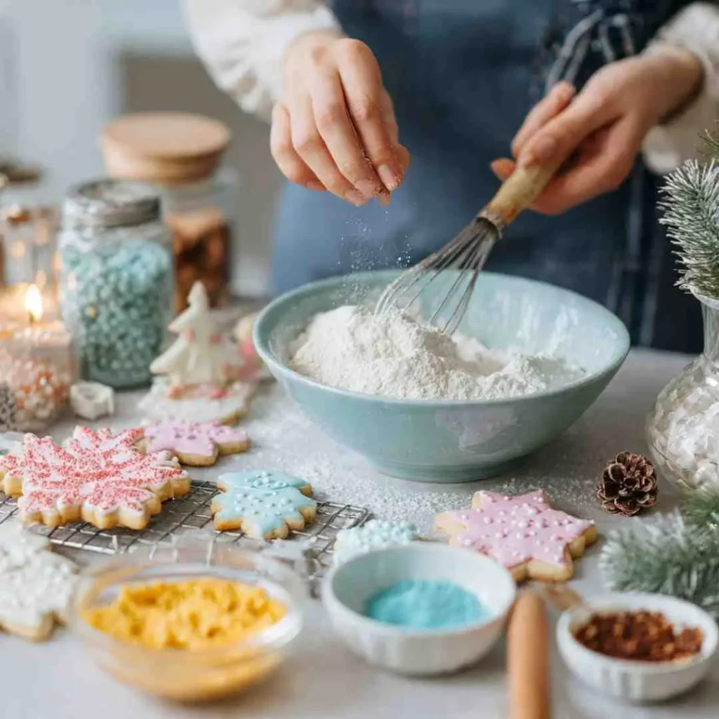 Person whisking flour in light blue bowl surrounded by decorated pastel sugar cookies, pinecones, and holiday decor