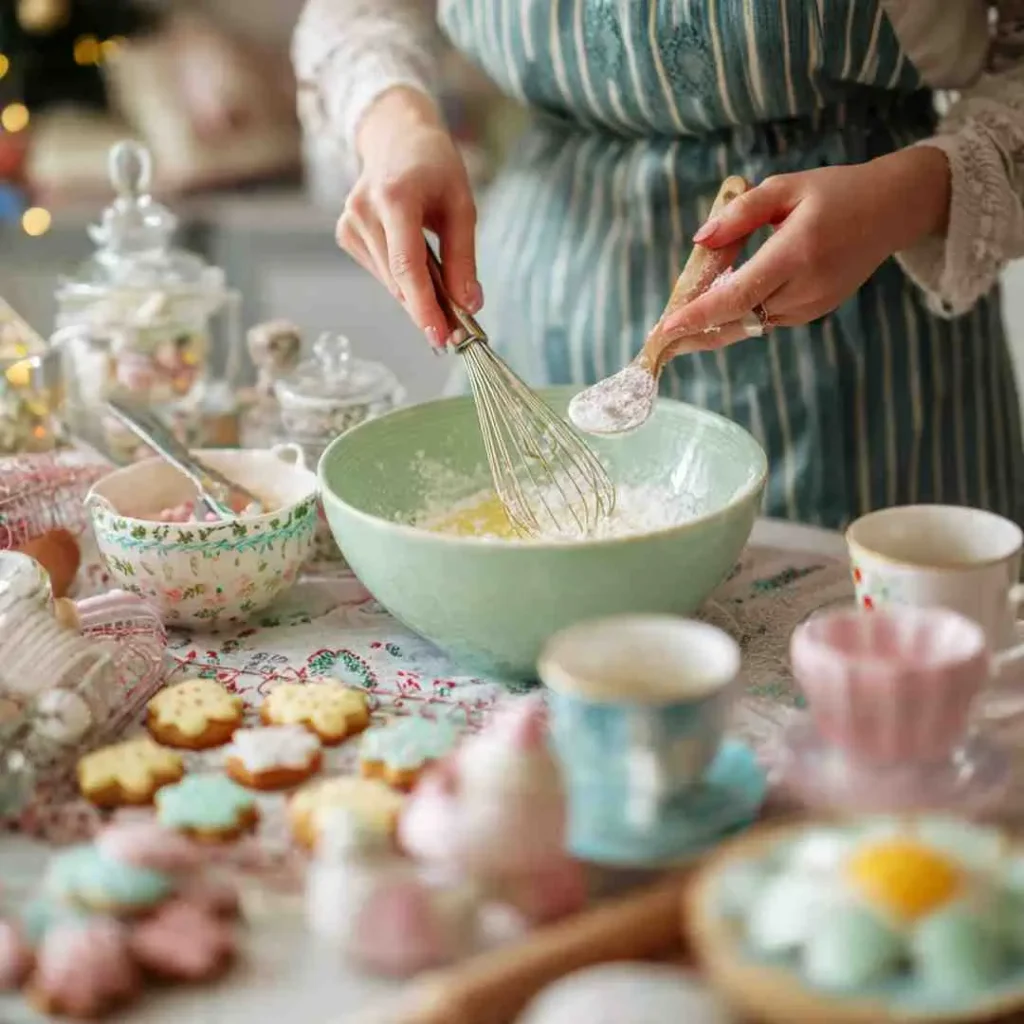 Woman mixing sugar cookie dough with whisk in green bowl, surrounded by pastel cookies, teacups, and holiday decorations