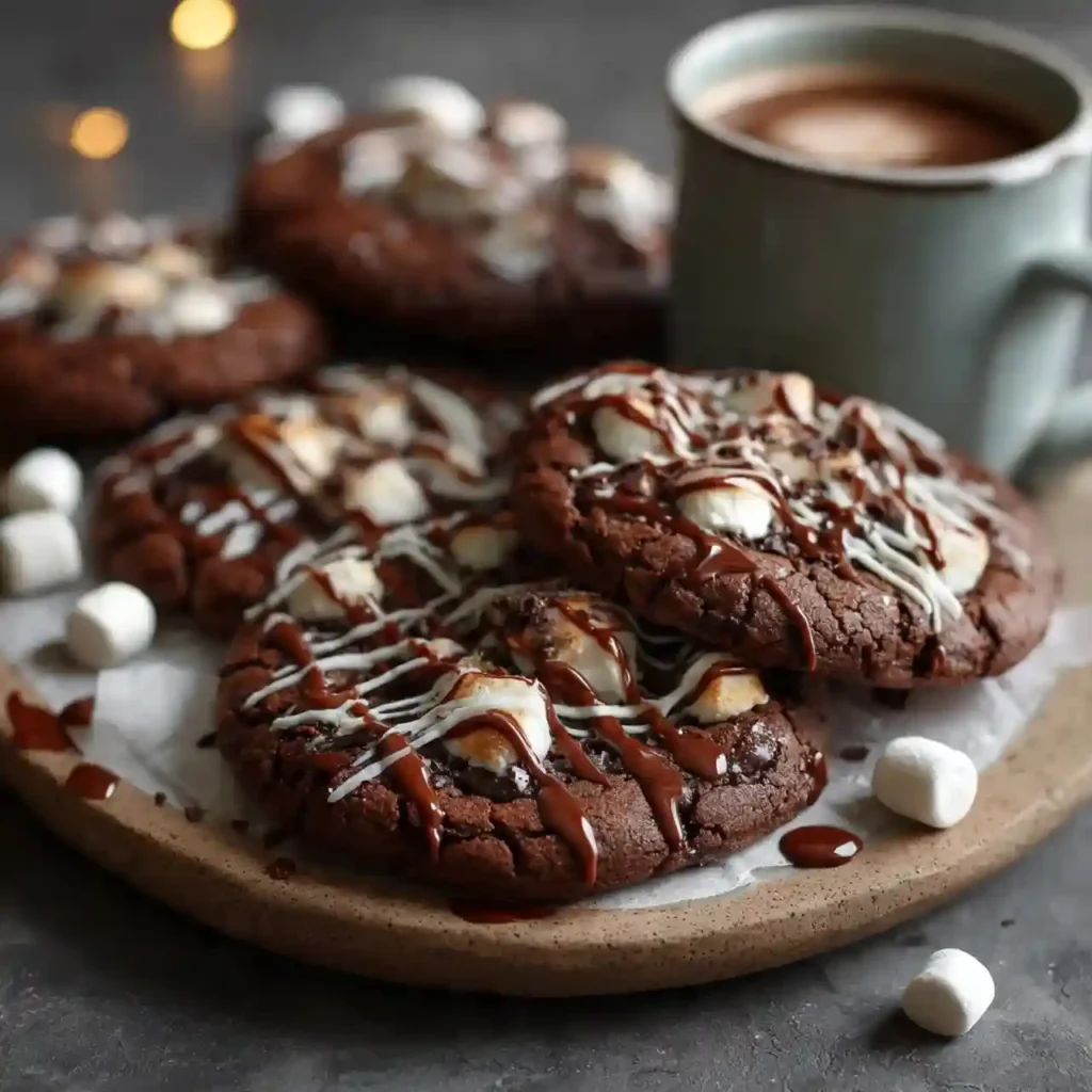 Chocolate cookies topped with toasted marshmallows and drizzled chocolate served beside a mug of hot cocoa.