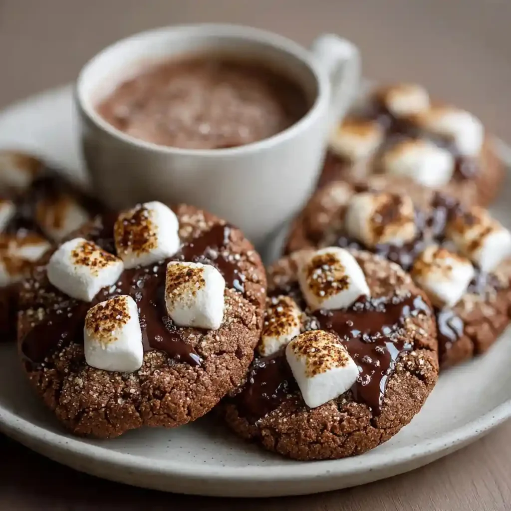 Chocolate cookies topped with toasted mini marshmallows and melted chocolate served on a plate with a cup of hot cocoa.
