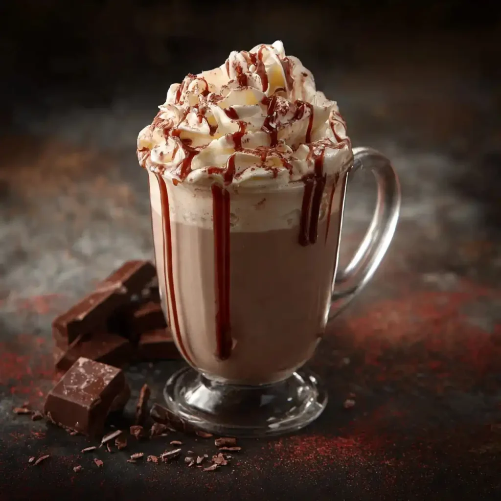 Rich hot chocolate topped with whipped cream and chocolate drizzle in a clear glass mug.