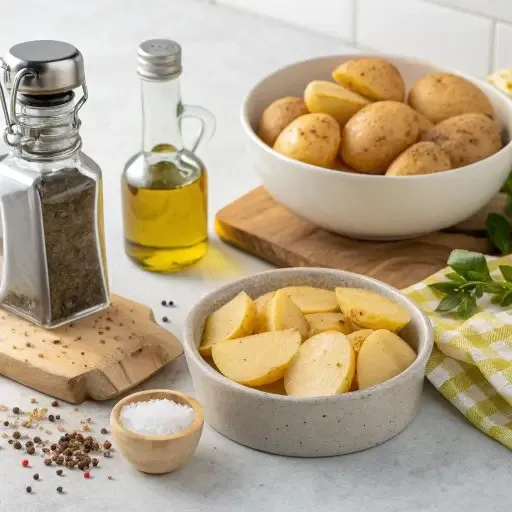 Air fryer potato ingredients arranged on a counter with olive oil and salt