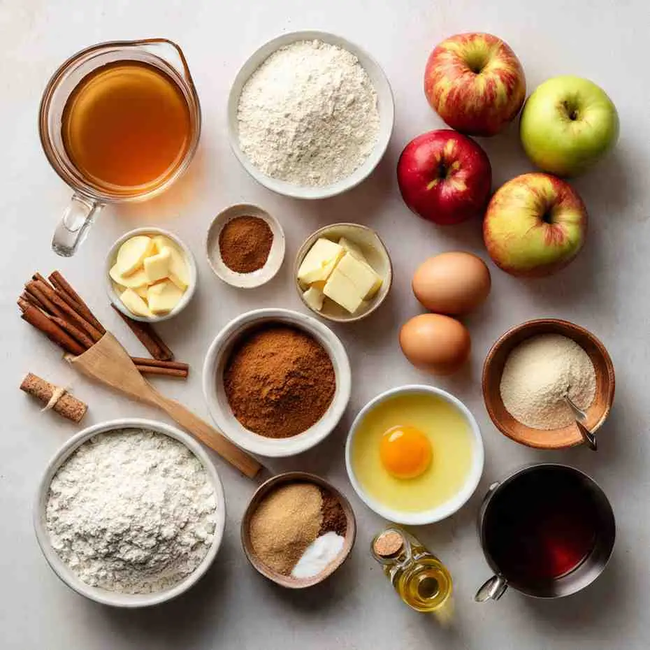 Flat-lay of apple cider donut cake ingredients including apples, flour, spices, eggs, sugar, and butter arranged neatly on a white surface.