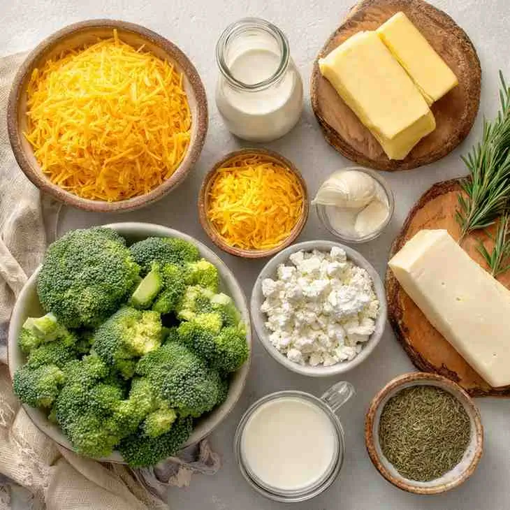Ingredients for broccoli cheddar soup including broccoli, cheddar cheese, butter, cream, and herbs arranged on a table.