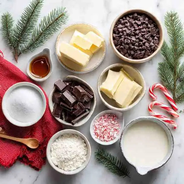 Flat lay of Christmas chocolate fudge ingredients including chocolate chips, butter, sugar, peppermint, and holiday decorations.