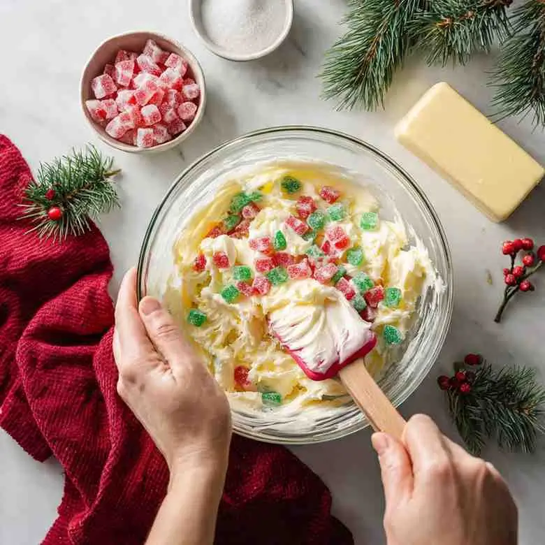 Hands mixing gumdrops into creamy fudge batter in a glass bowl.