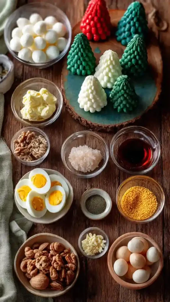 Flatlay of ingredients for Christmas tree deviled eggs including boiled eggs, mayonnaise, seasonings, nuts, and colorful tree-shaped toppers.