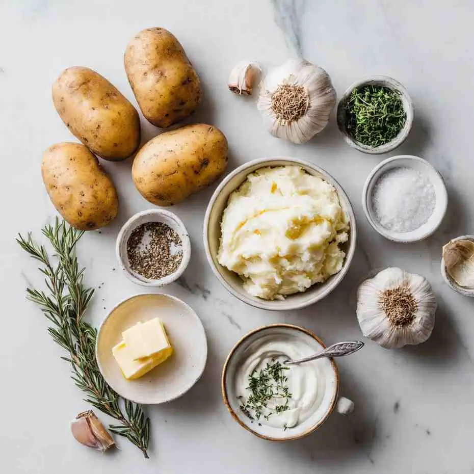 Flat lay of potatoes, garlic, butter, herbs, and seasoning arranged around a bowl of mashed potatoes.