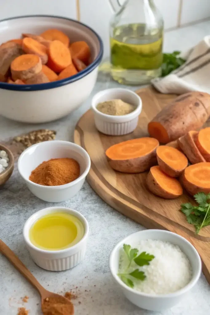 Fresh sweet potatoes, olive oil, salt, and spices arranged on a kitchen counter.