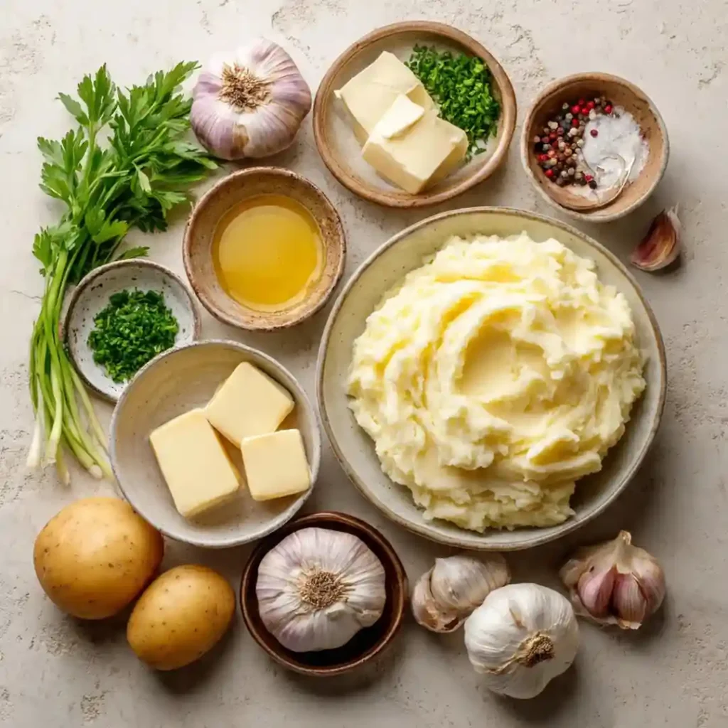 Ingredients for garlic mashed potatoes including butter, garlic, potatoes, and herbs on a table.