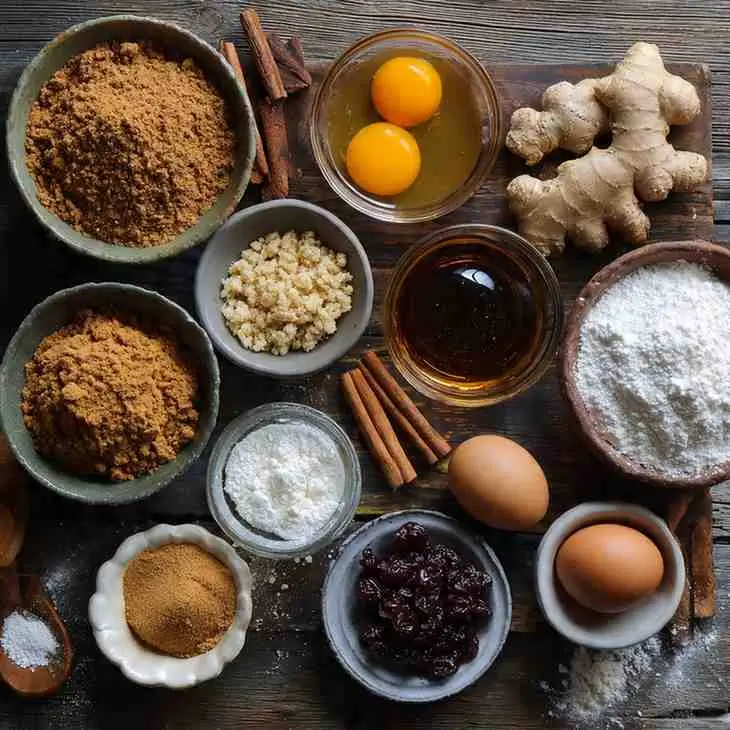 Flat-lay of gingerbread thumbprint cookie ingredients including flour, spices, eggs, ginger, and brown sugar.