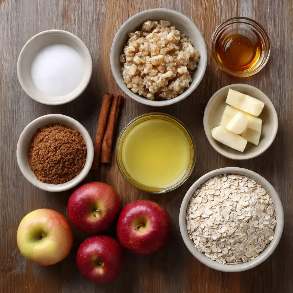 Flat lay of apple crisp ingredients including apples, oats, cinnamon, sugar, butter, and lemon juice.