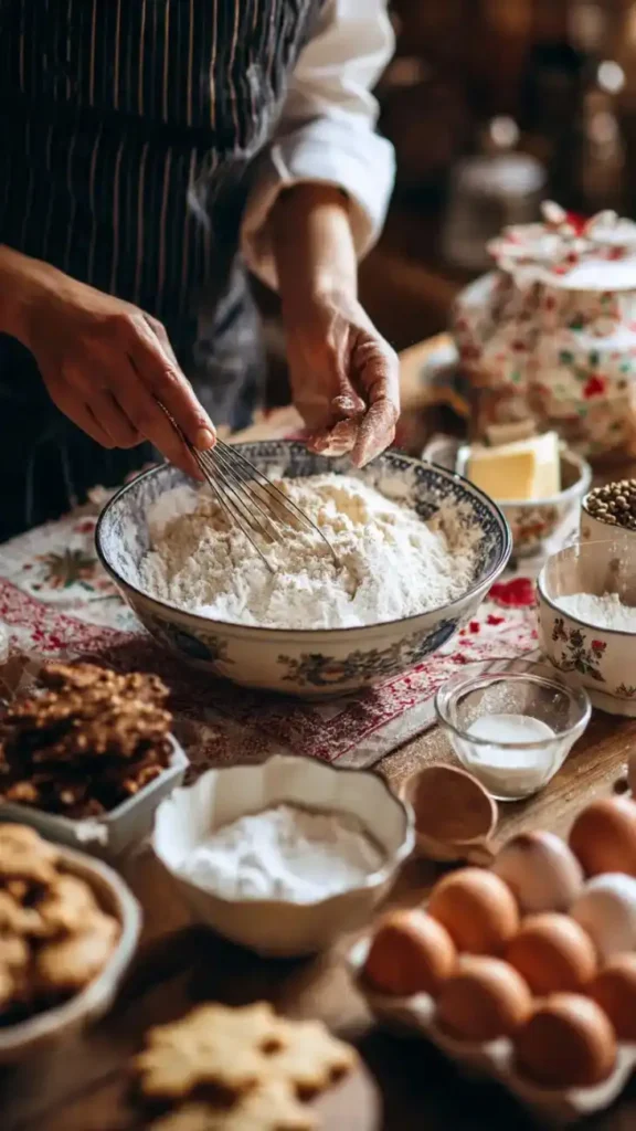 Person whisking flour in a large decorative bowl surrounded by cookie ingredients and baking tools.