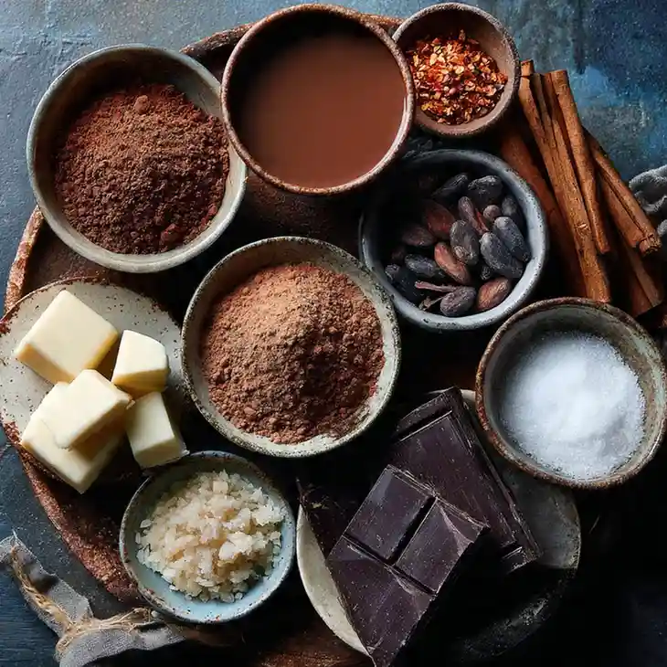 Flatlay of hot chocolate ingredients including cocoa powders, chocolate chunks, butter, cinnamon sticks, sugar, cacao beans, and spices.