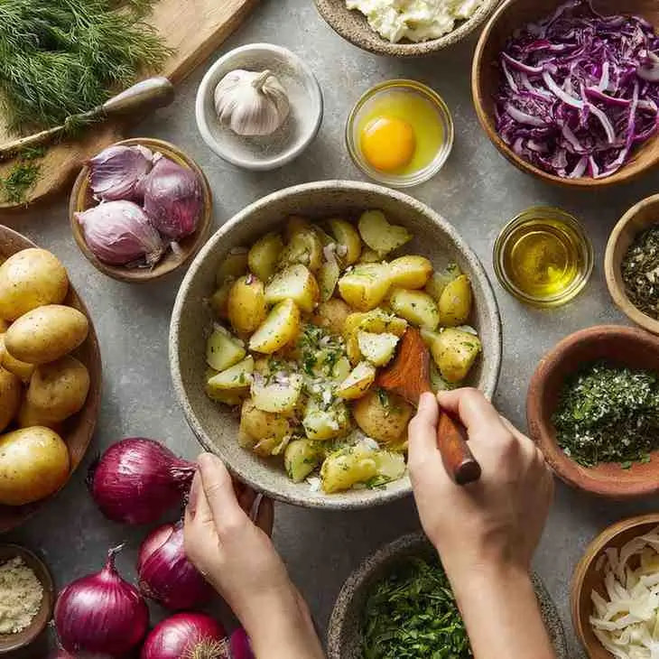Hands mixing cooked baby potatoes in a bowl surrounded by fresh herbs, onions, garlic, oil, and spices.
