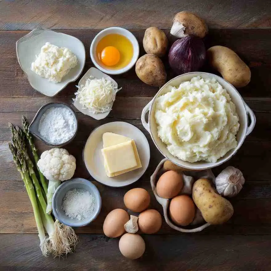Overhead flat lay of mashed potatoes surrounded by ingredients like potatoes, butter, eggs, cheese, and vegetables