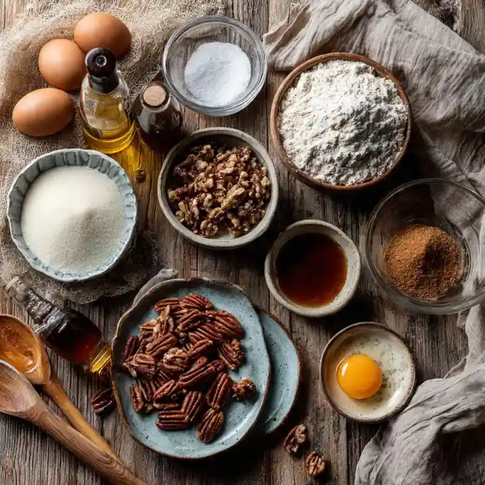 Ingredients for homemade pecan pie cookies arranged on a rustic wooden table.