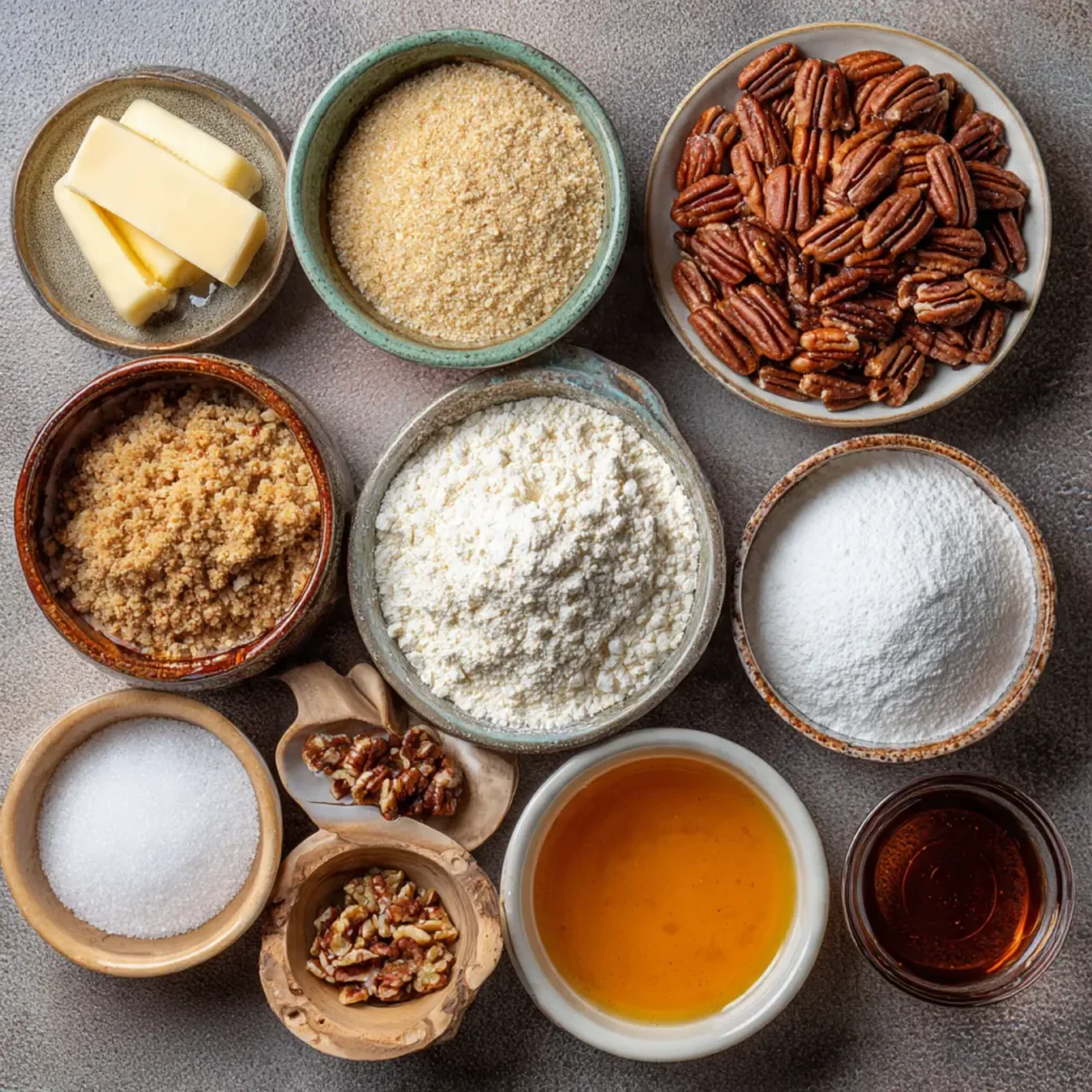 Flat lay of pecan pie dump cake ingredients including pecans, flour, sugars, butter, honey, and vanilla.
