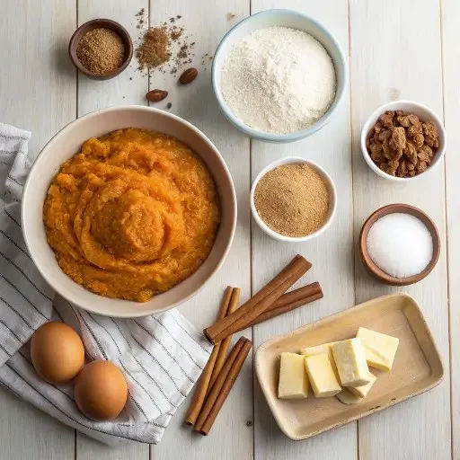 Overhead view of pumpkin coffee cake ingredients including pumpkin puree, flour, eggs, butter, cinnamon sticks, and brown sugar on a white table.