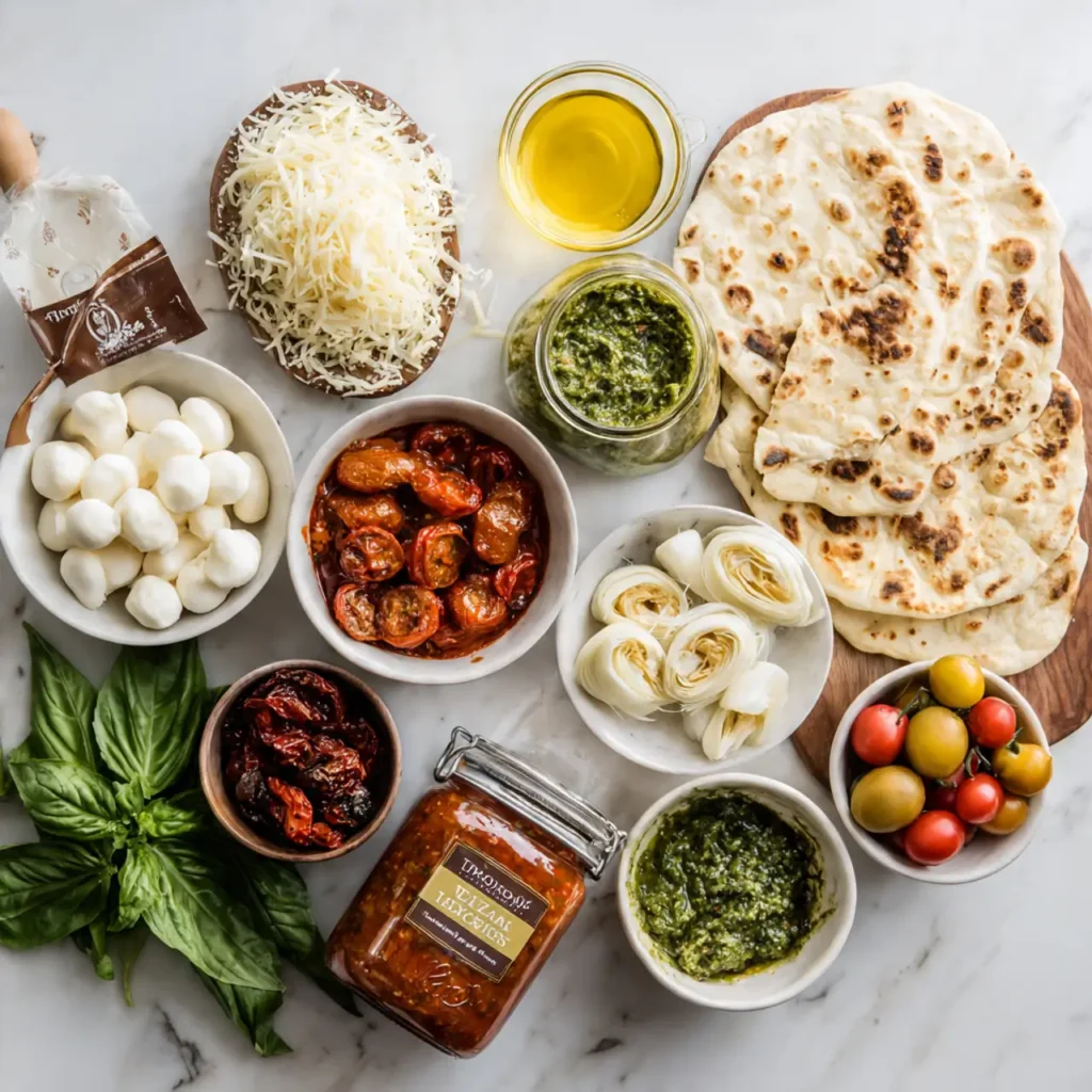 Overhead view of fresh flatbread pizza ingredients including pesto, mozzarella, tomatoes, and artichokes.