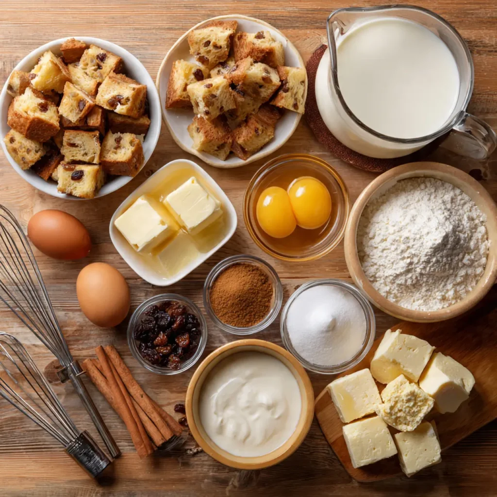 Overhead shot of bread pudding ingredients including cubed bread, eggs, milk, butter, spices, and raisins.