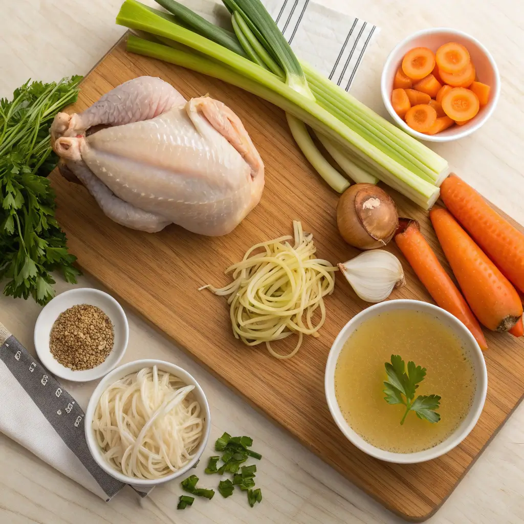 Fresh chicken noodle soup ingredients on a wooden board including raw chicken, carrots, celery, noodles, and broth.