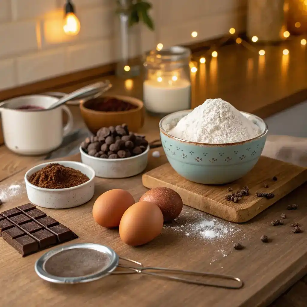 Baking ingredients for chocolate crinkle cookies arranged on a wooden table.