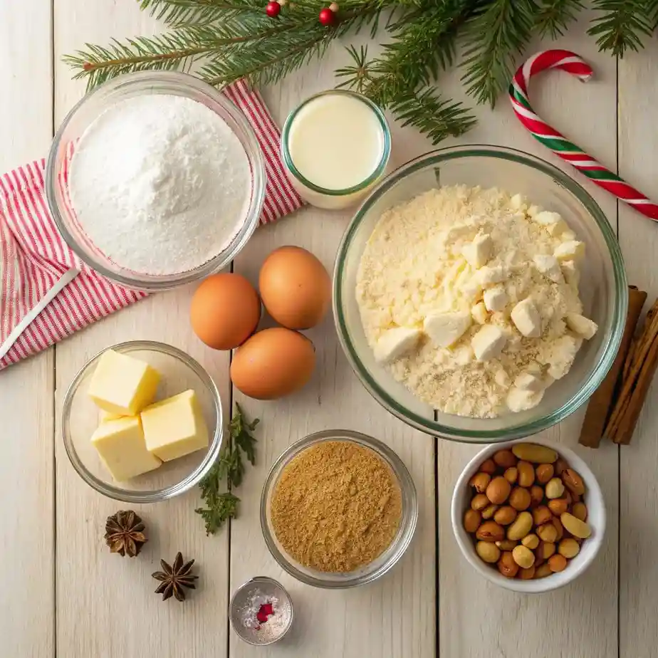 Flat lay of cookie ingredients including butter, flour, eggs, sugar, and nuts with Christmas decorations.