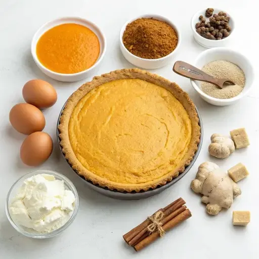 Flat lay of pumpkin cream cheese pie ingredients including eggs, pumpkin puree, brown sugar, ginger, cinnamon, and cream cheese.