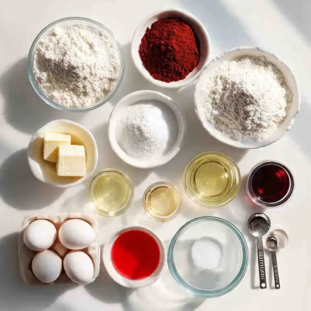 “Ingredients for red velvet cupcakes including flour, cocoa powder, sugar, eggs, butter, buttermilk, vanilla extract, red food coloring, and cream cheese for frosting.”