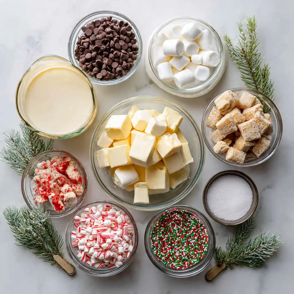 Assortment of Christmas fudge ingredients including butter, chocolate chips, marshmallows, and sprinkles.