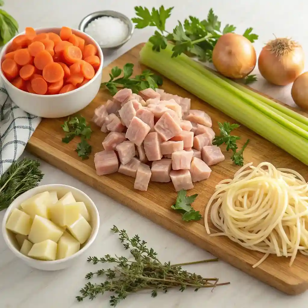 Fresh turkey soup ingredients including diced turkey, carrots, celery, onions, herbs, potatoes, and noodles arranged on a wooden board.