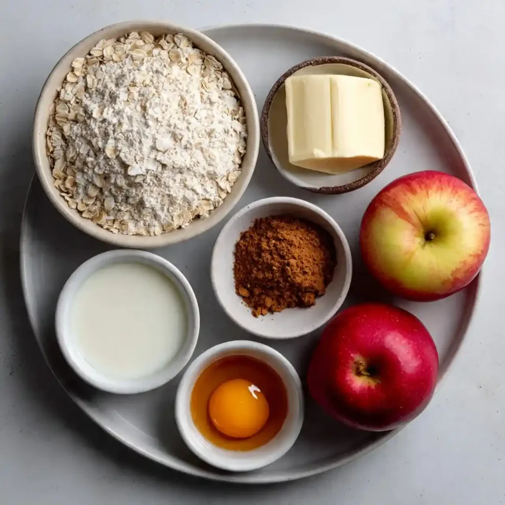 Flatlay of apple crisp ingredients including oats, flour, butter, apples, cinnamon, milk, and an egg on a round plate.