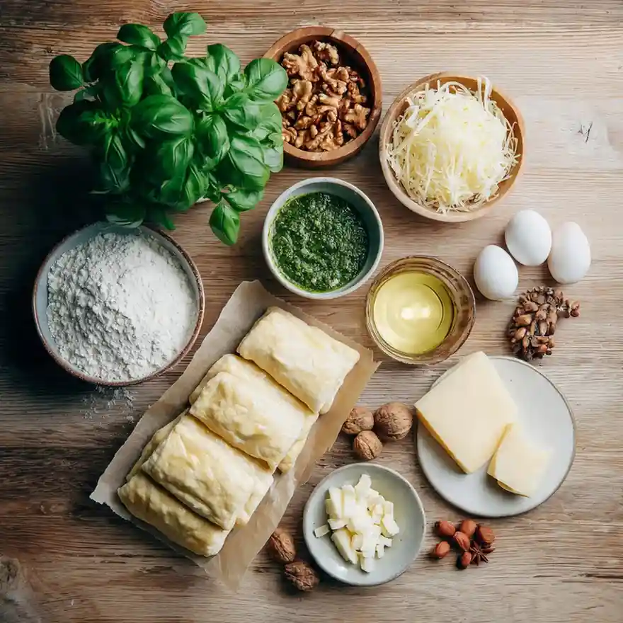 Ingredients for basil pesto puff pastry Christmas tree arranged on wooden table including dough, cheese, nuts, and fresh basil.