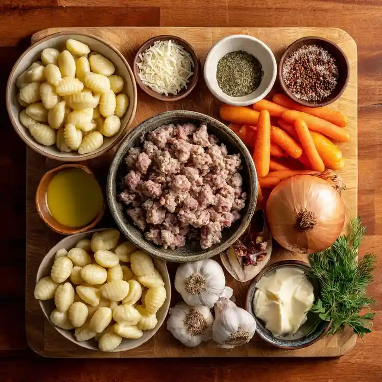 Flat lay of fresh ingredients for creamy sausage gnocchi soup including gnocchi, sausage, garlic, onion, and herbs.