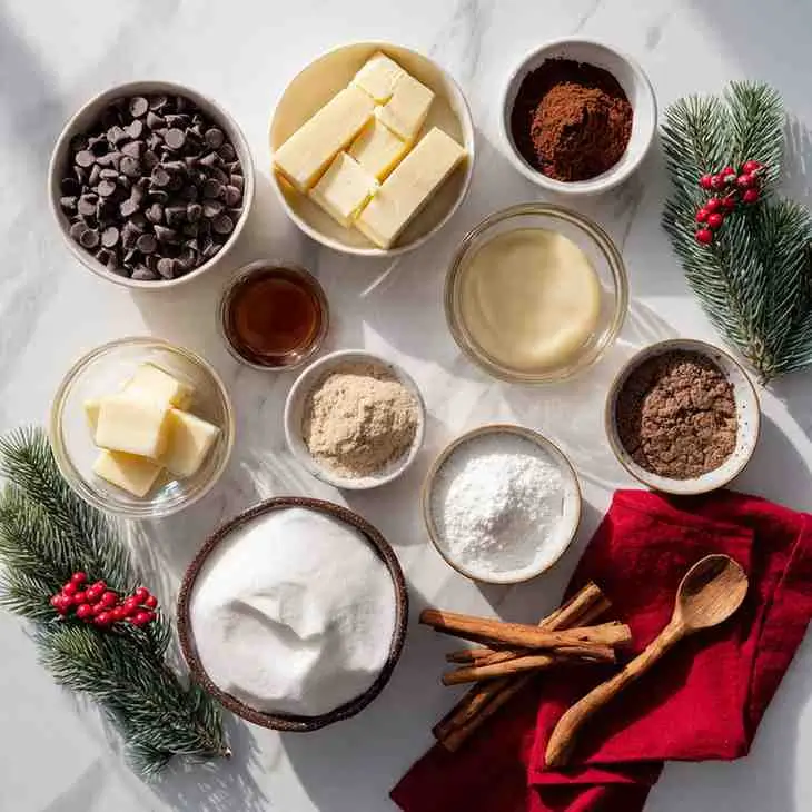 Flat-lay image of fudge ingredients including chocolate chips, butter, sweetened condensed milk, cocoa powder, sugar, vanilla, cinnamon sticks, and holiday greenery on a marble surface.