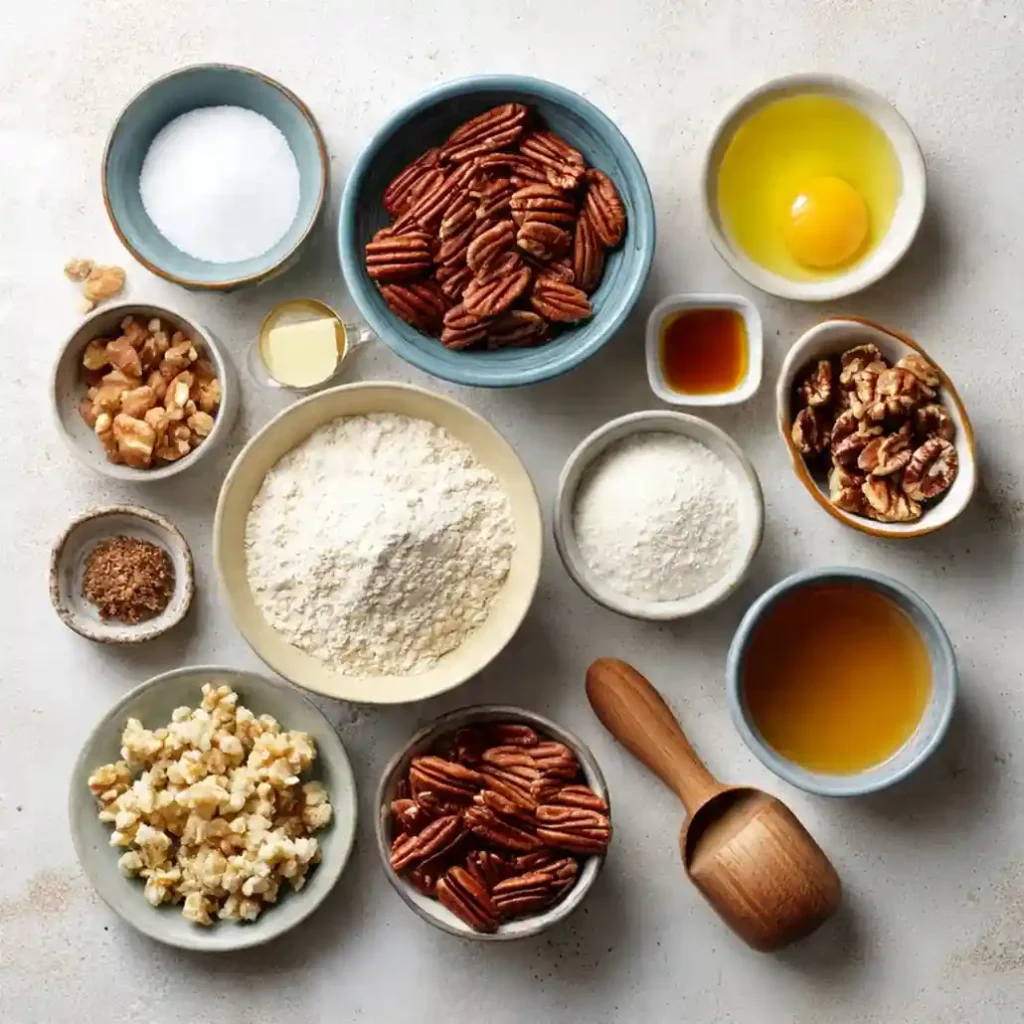 Flat lay of pecan pie ingredients including pecans, flour, sugar, eggs, and syrup.