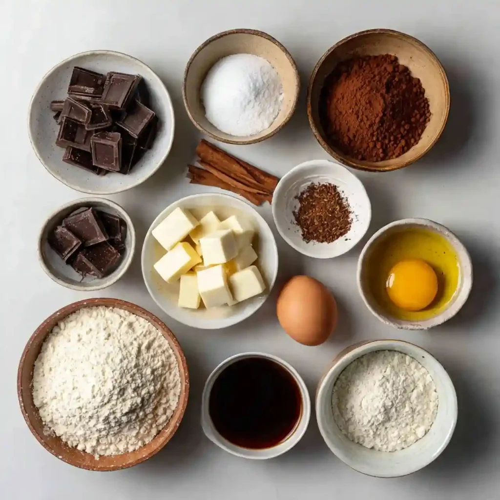 Flatlay of cookie ingredients including chocolate, cocoa powder, flour, butter, sugar, eggs, cinnamon, and vanilla.