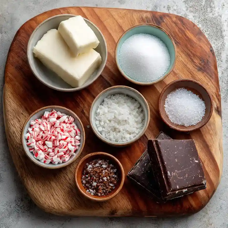 Bowl of white chocolate, dark chocolate squares, crushed peppermint candies, coarse salt, sugar, and spices arranged on a ustic wooden cutting board