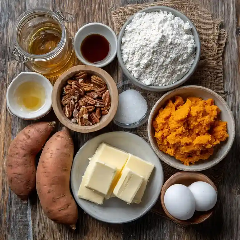 Spoon lifting a portion of baked sweet potato casserole from a rustic ceramic dish.