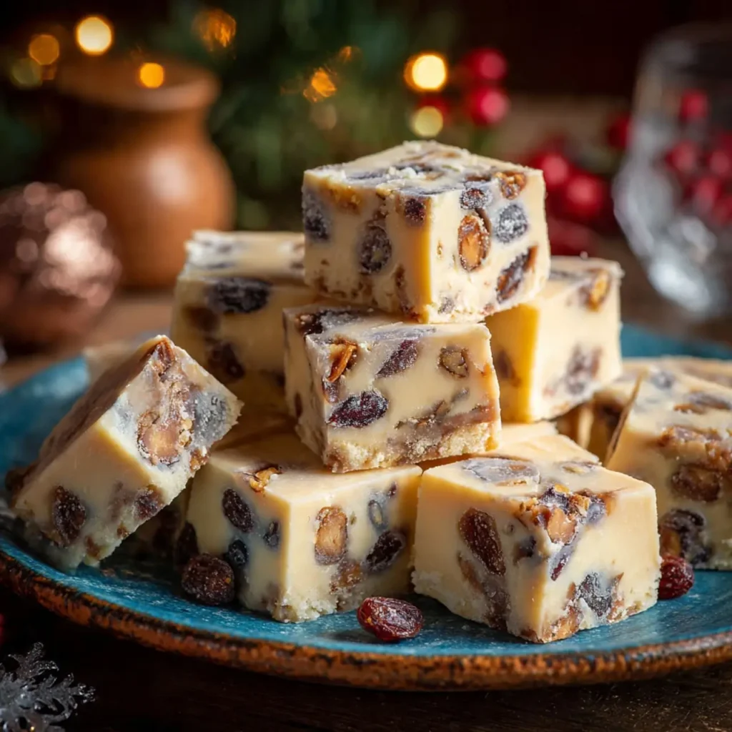 White chocolate Christmas fudge squares loaded with raisins and nuts on a festive plate.