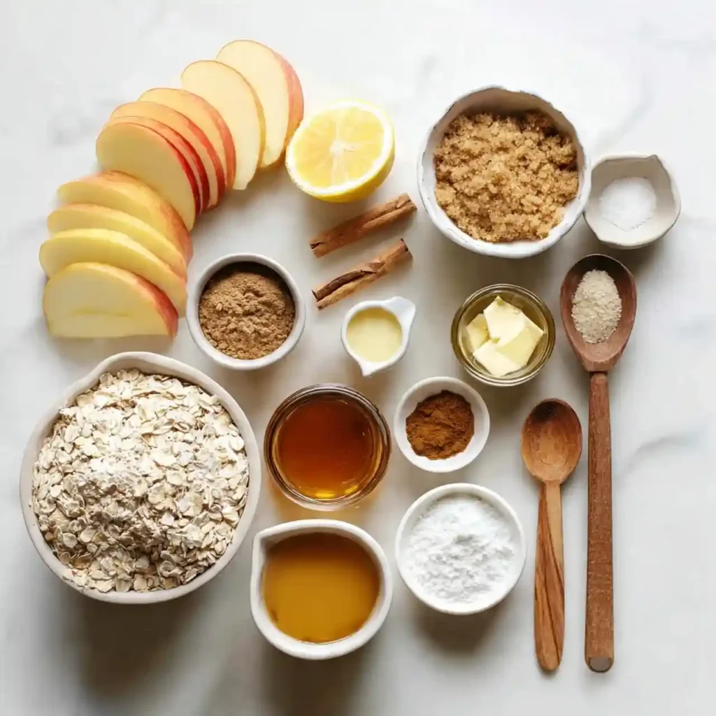 Overhead view of sliced apples, oats, cinnamon, brown sugar, lemon, honey, and butter arranged neatly for apple crisp.