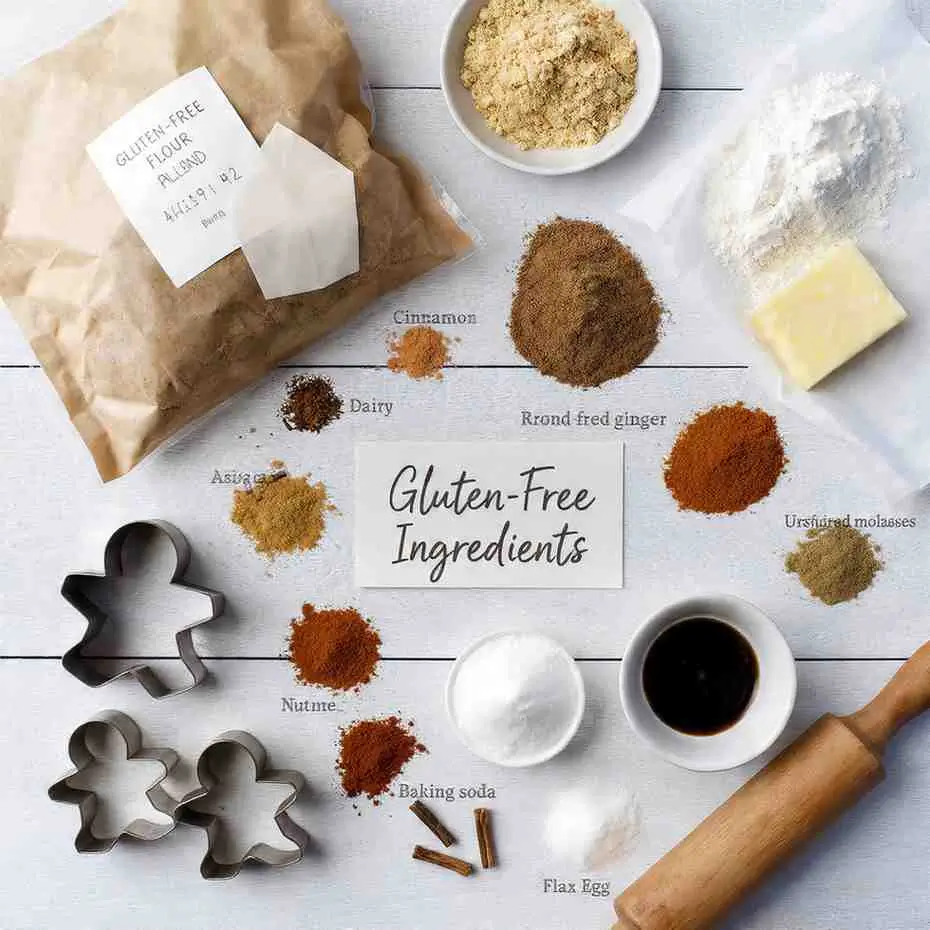 Flat lay of gluten-free gingerbread cookie ingredients including spices, flour, molasses, and cookie cutters.