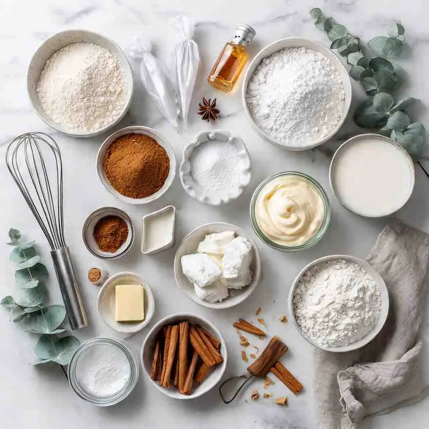 Overhead view of ingredients for iced gingerbread cookies, including flour, spices, butter, and icing supplies.