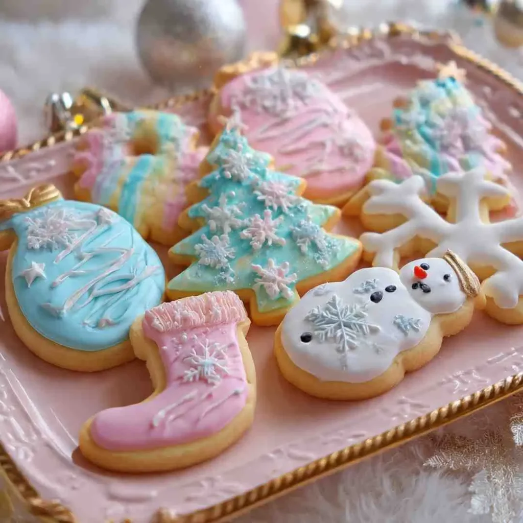 Pastel Christmas sugar cookies shaped like stockings, trees, snowmen, and ornaments arranged on pink gold-rimmed tray