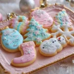 Pastel Christmas sugar cookies shaped like stockings, trees, snowmen, and ornaments arranged on pink gold-rimmed tray