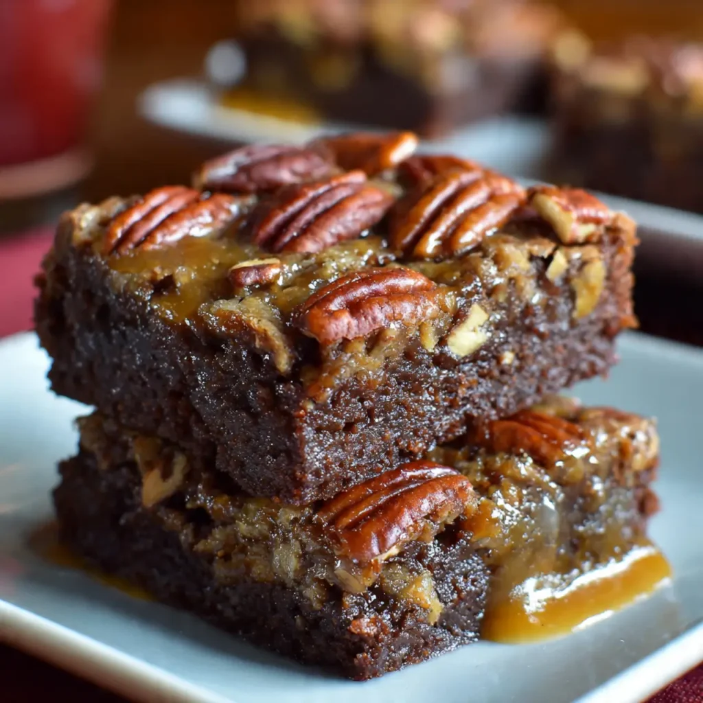 Gooey pecan pie brownies stacked on a plate with caramel dripping down the sides.