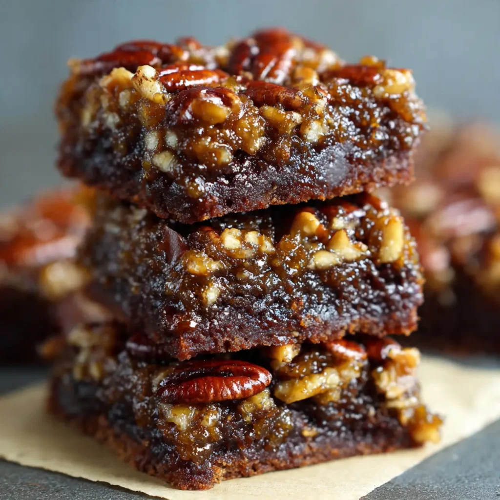 Stack of gooey pecan brownies with a sticky caramel pecan topping.
